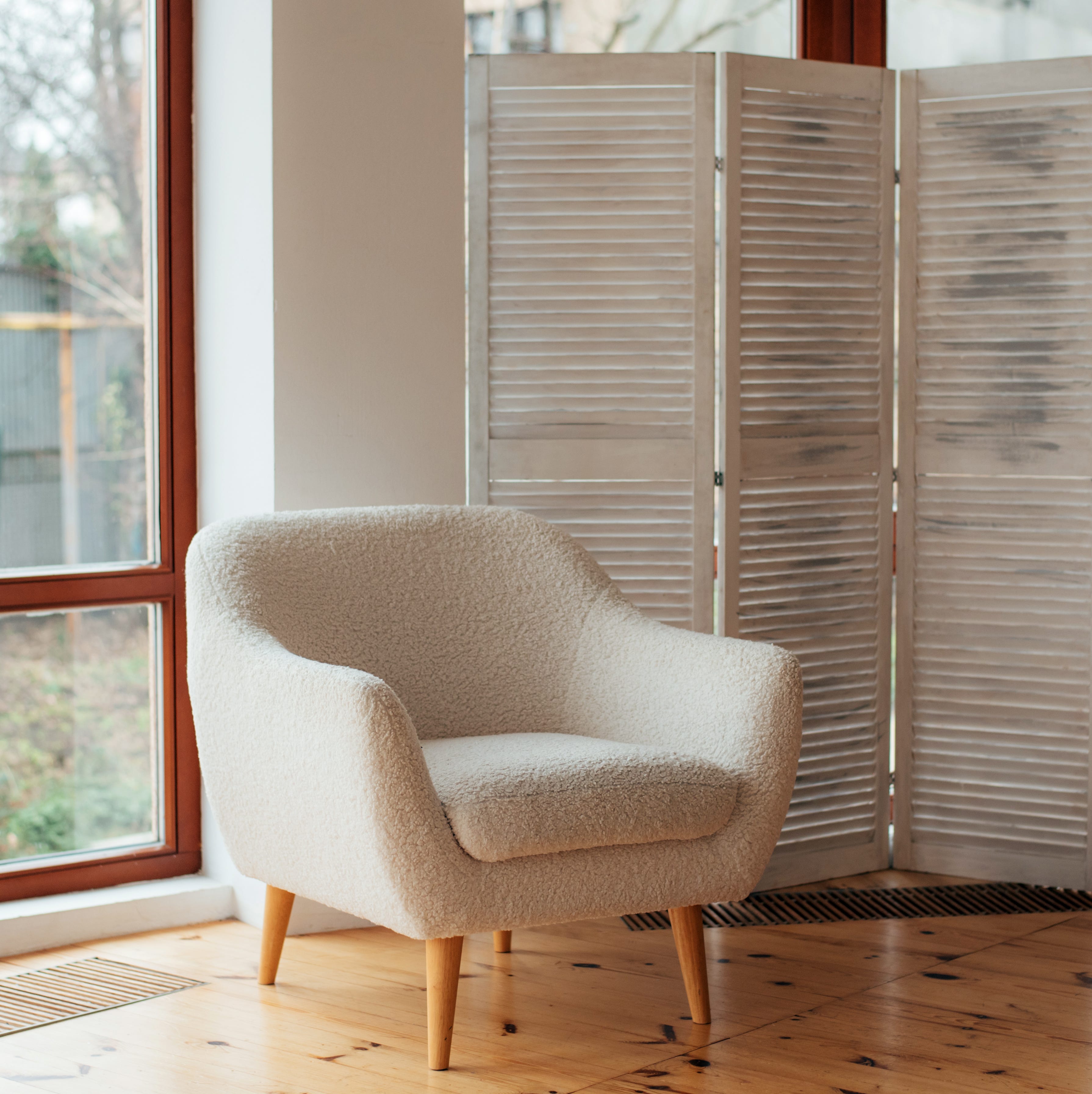 sheepskin armchair in the living room. apartment plan. furniture.