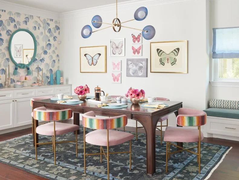 Eclectic White Dining Room With Pink And Blue Decor