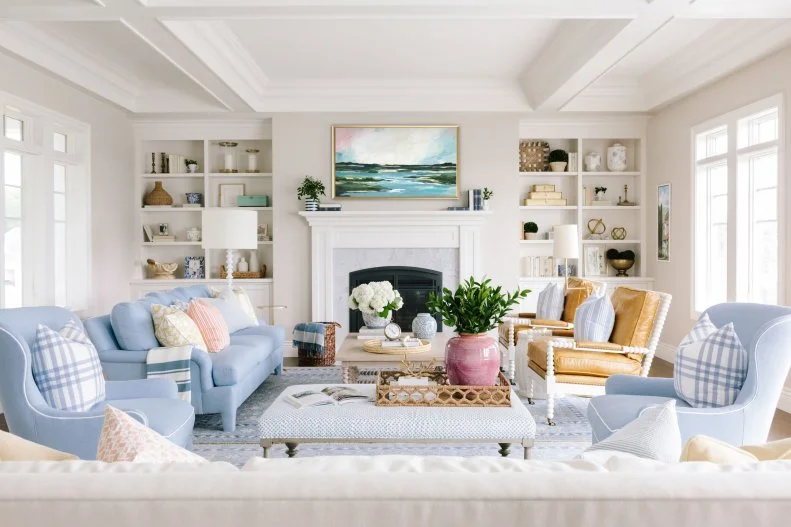 Cottage living room with blue chairs