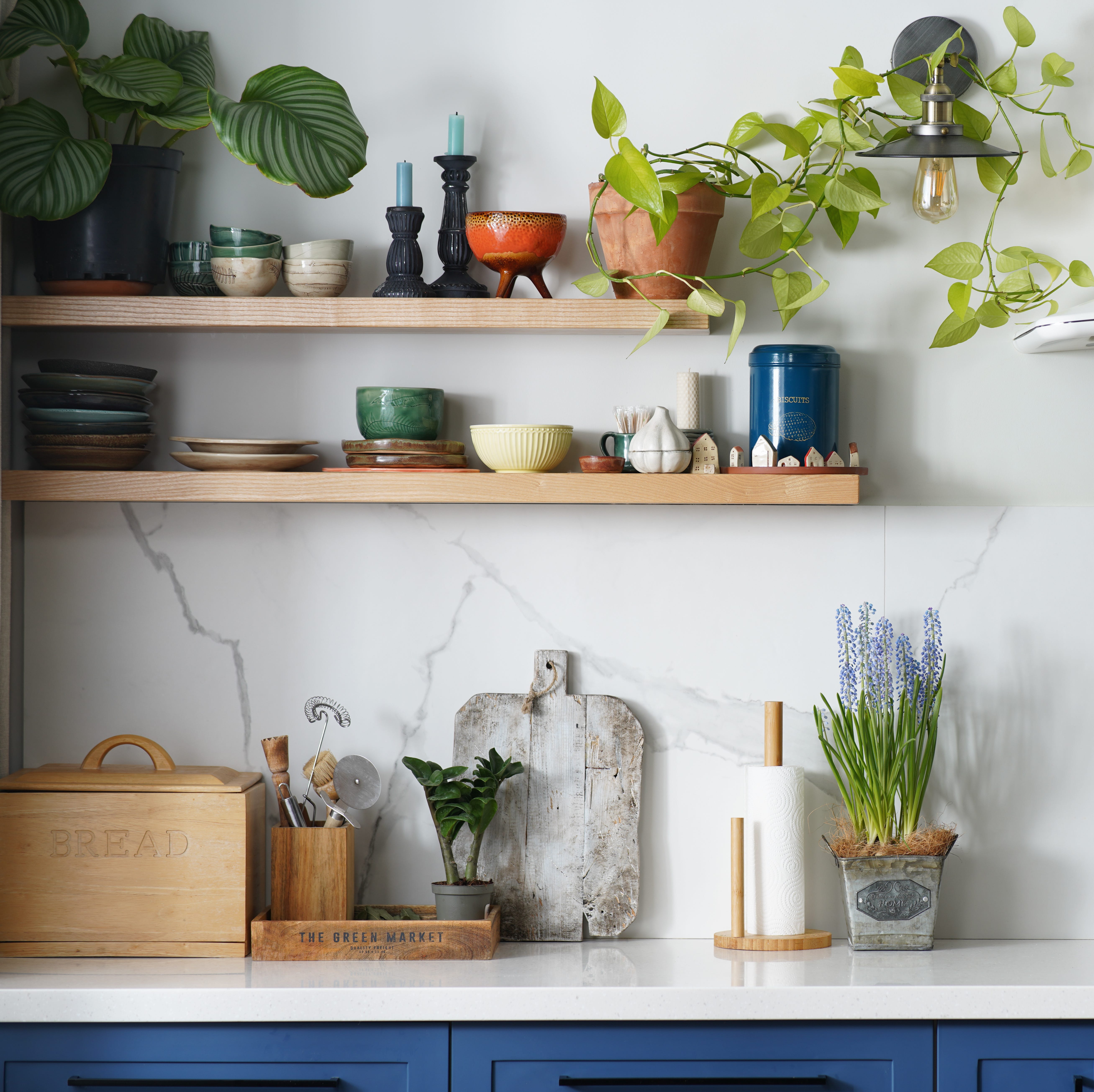 Modern kitchen with blue facades, white hood, marble wall and open wooden shelves with potted plants