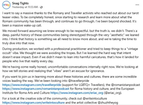 A social media post from Snag Tights apologizing for the tarot teaser video and resource list for learning about the Romani and Immigrant community.