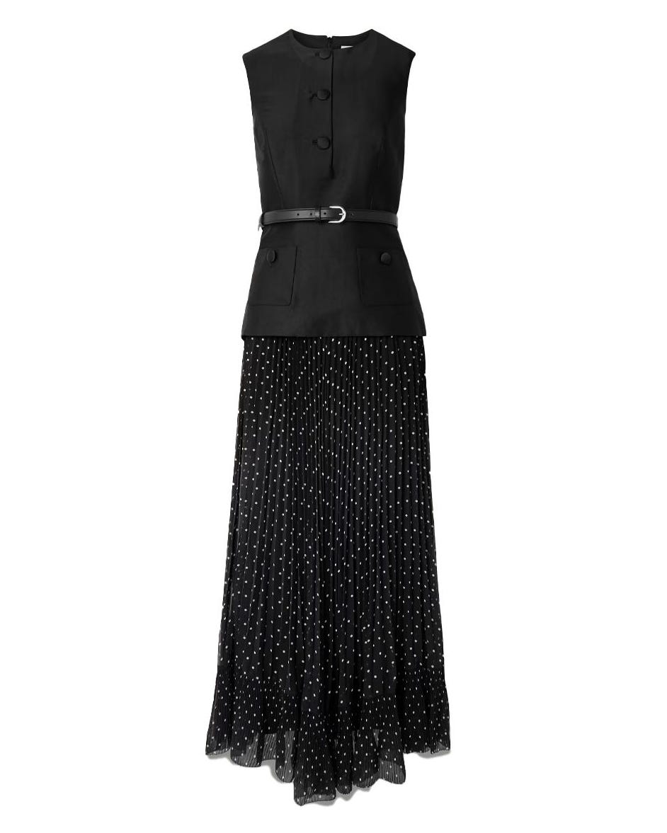 Self-Portrait - Belted Pliss Polka-dot Satin And Taffeta Midi Dress - Black
