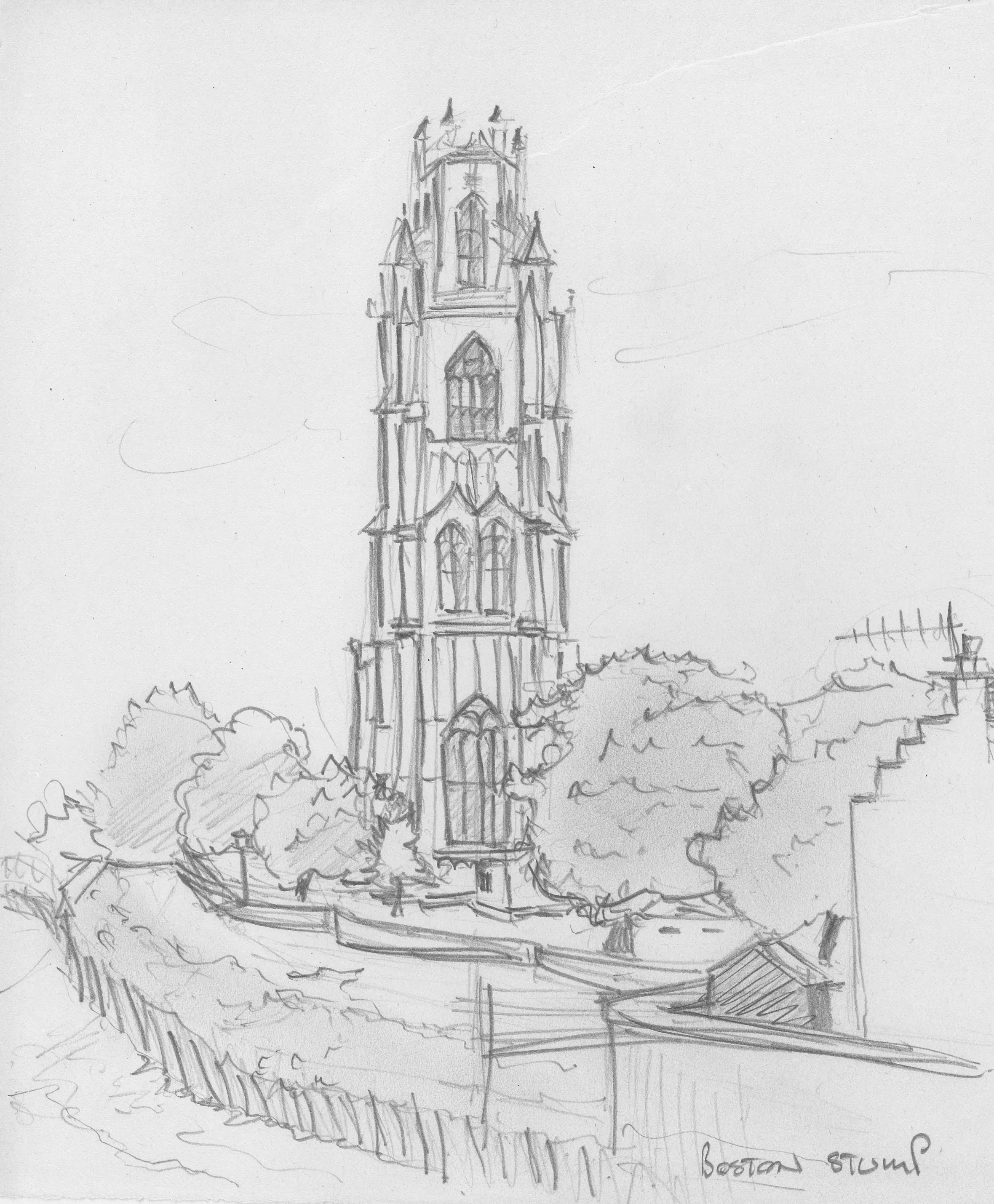 A picture of the Boston Stump, the tower of St Botolph's Church, surrounded by trees.