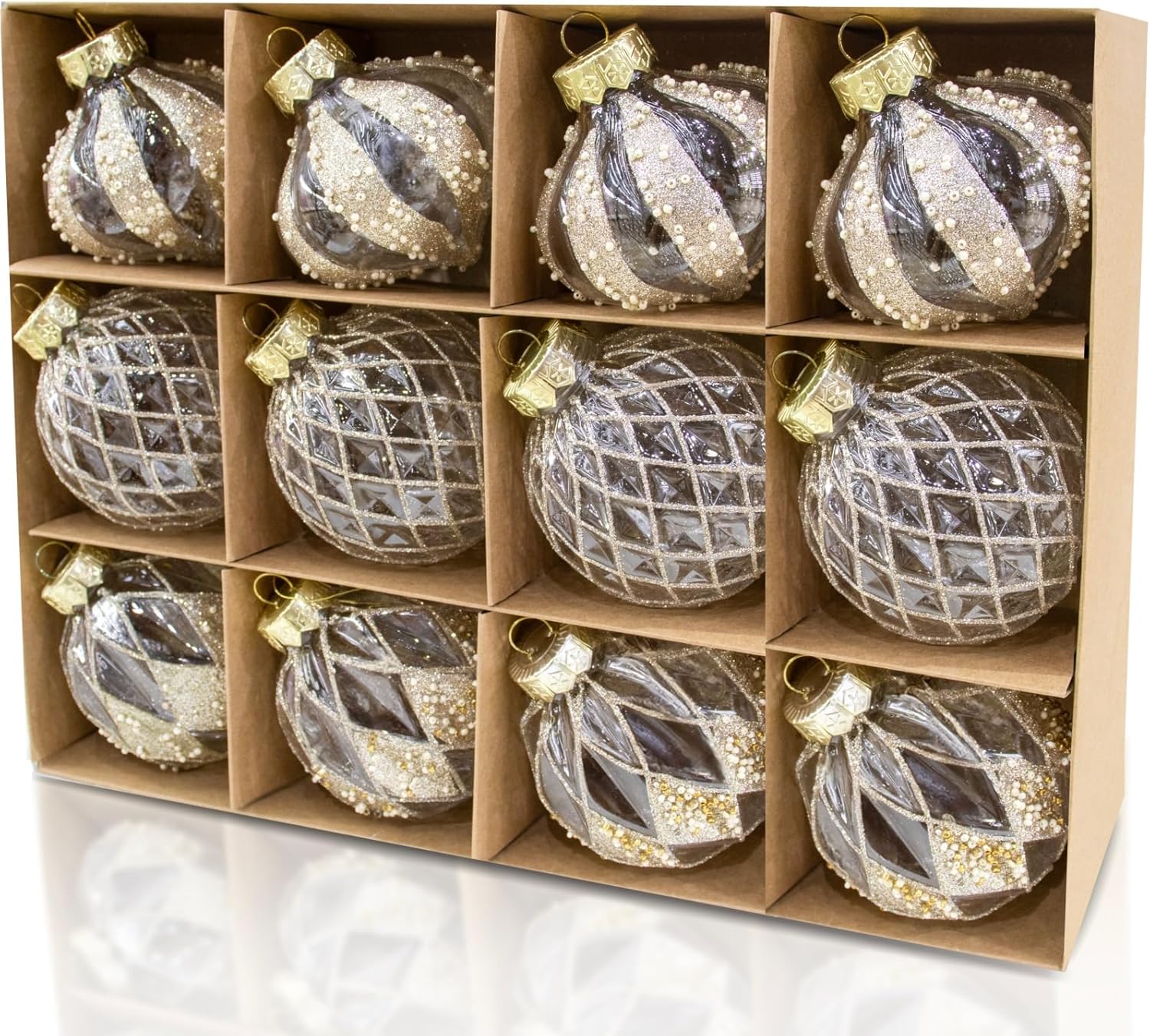 12 Pcs Clear and Champagne Christmas Ball Ornaments, 80mm/3.15 Inches Rustic Farmhouse Christmas Decorations, Large Shatterproof Luxury Hand Painted Xmas Decorations for Christmas Tree, Wedding.