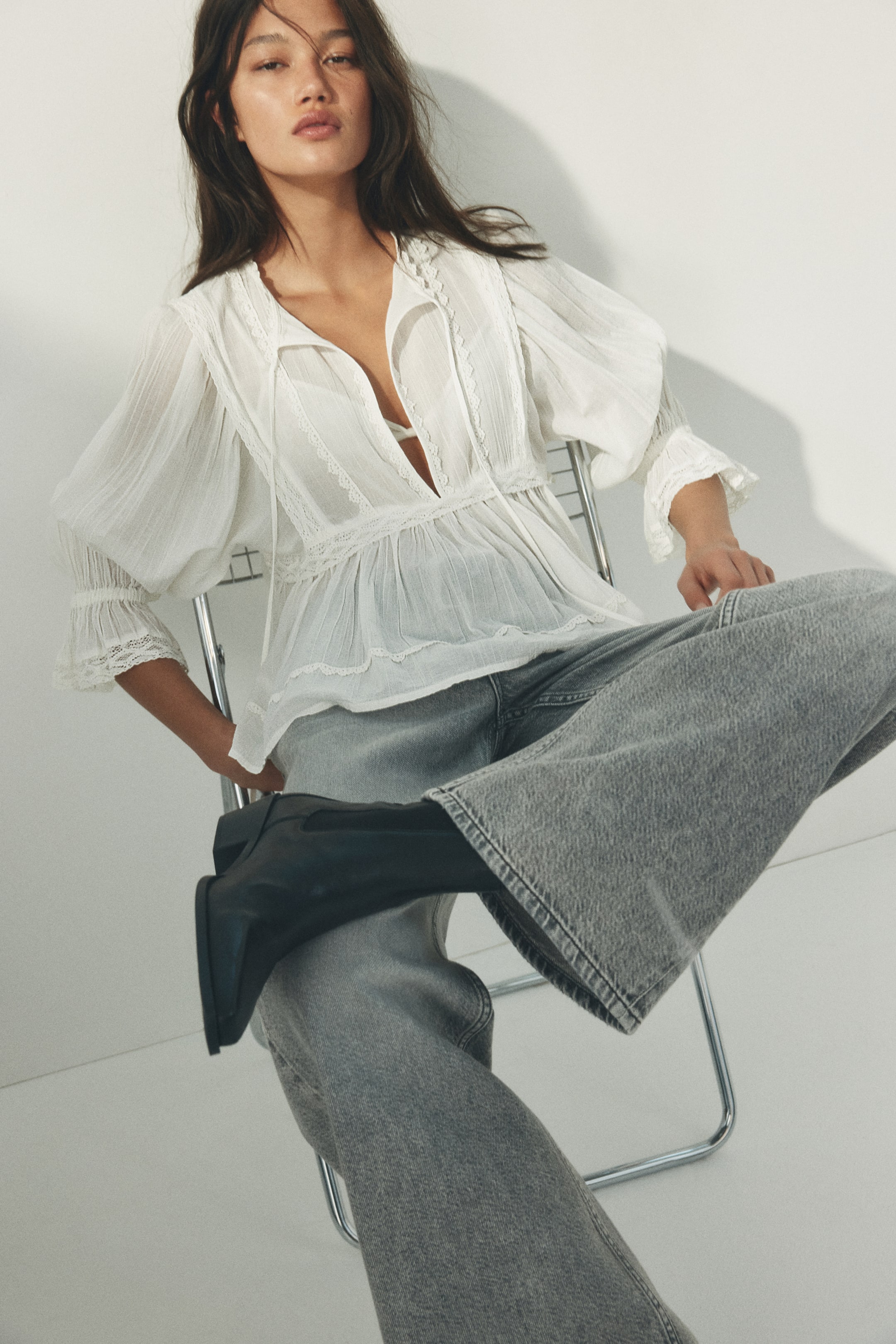 Lace Trim Cotton Blouse