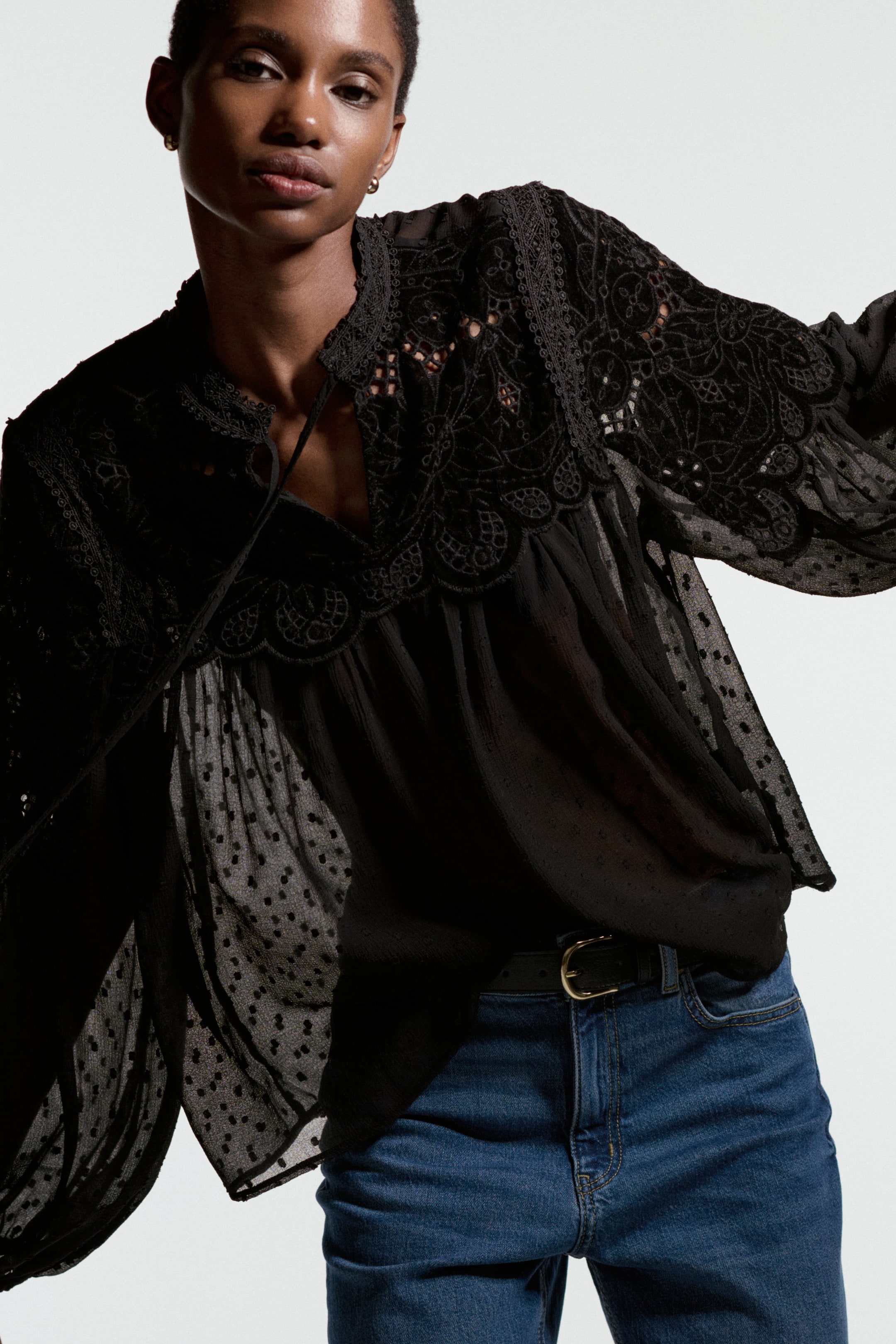 Sheer-Detail Lace Blouse