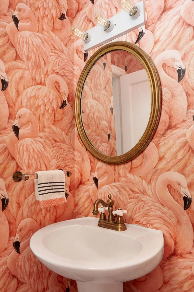 powder pink bedroom with flamingo wallpaper