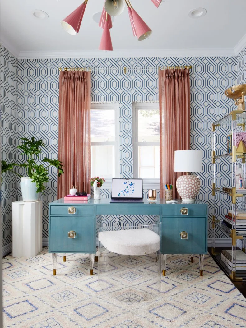 Blue Family with Blush Curtains