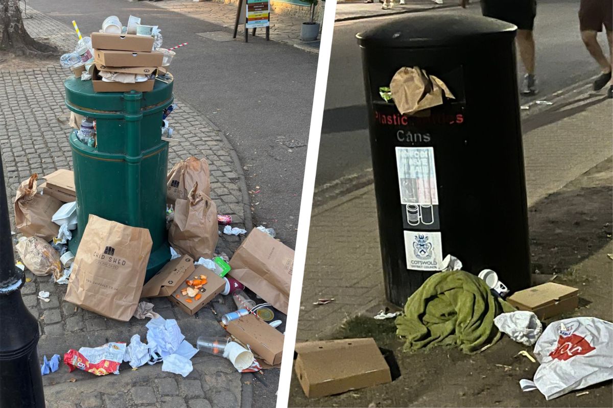 Bins full of rubbish from takeover sites were a common sight in Bourton-on-the-Water during the summer holidays.