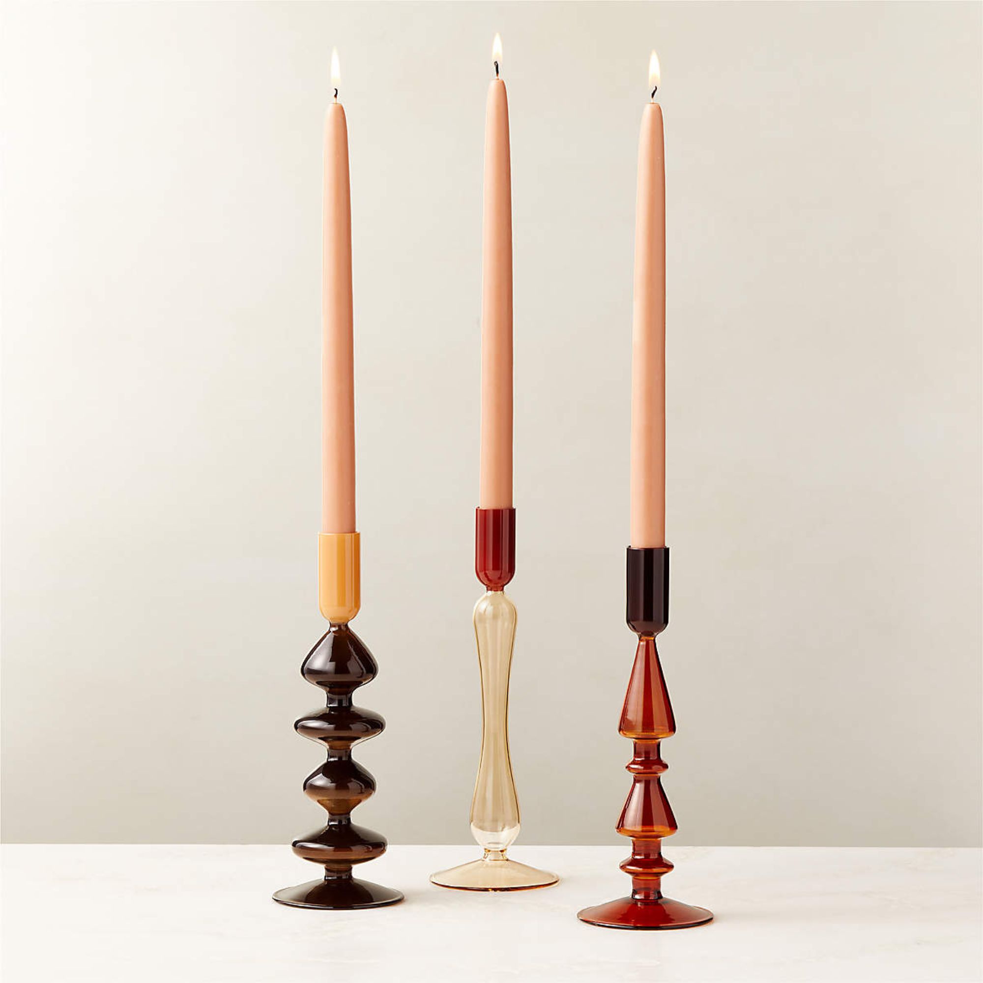 CB2, Kava Warm Toned Glass Taper Candle Holders Set of 3