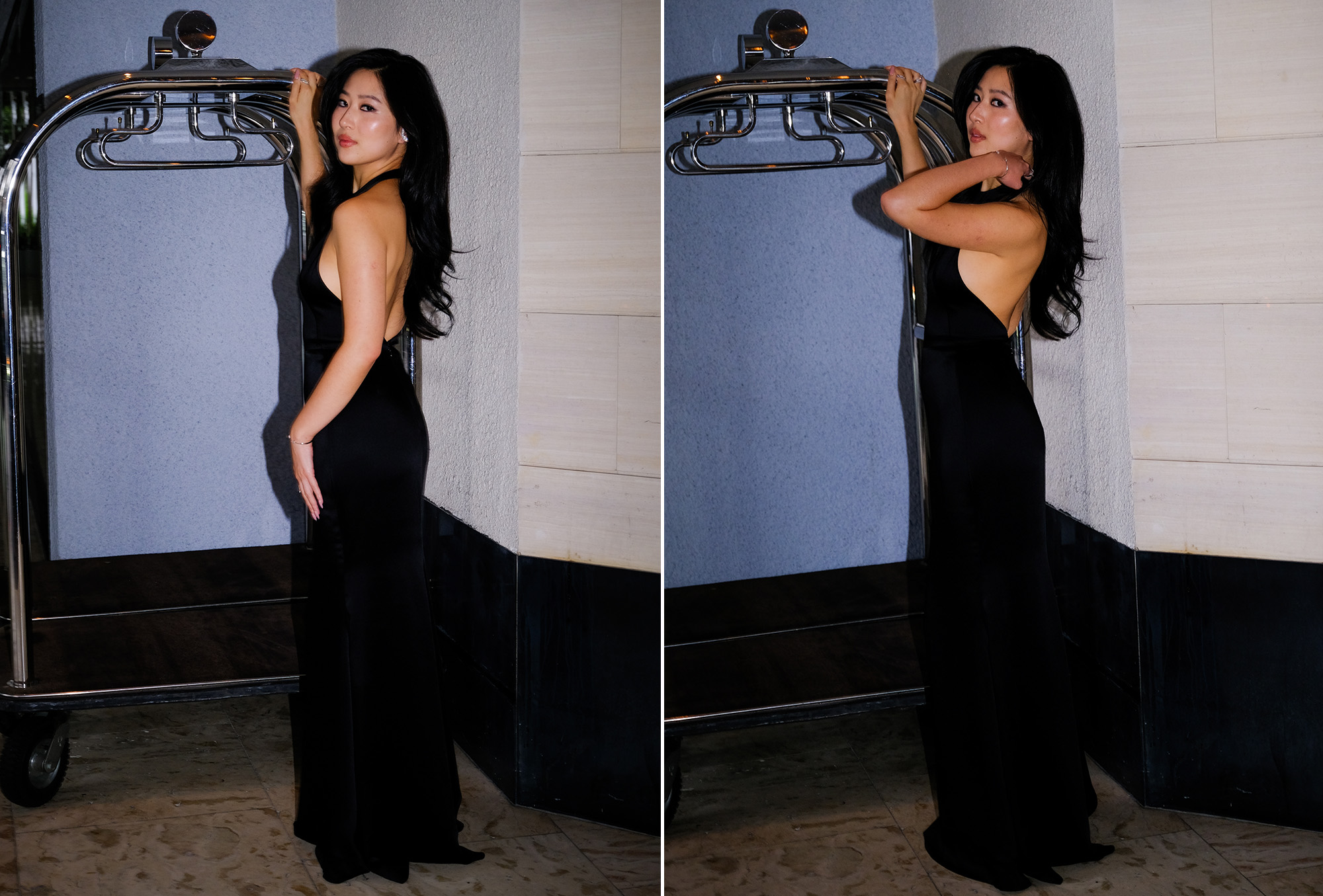 Mabel Li was photographed getting ready for the Los Angeles premiere of Testament. She is seen standing on a garbage cart in her final appearance, a black halter dress by Givenchy.