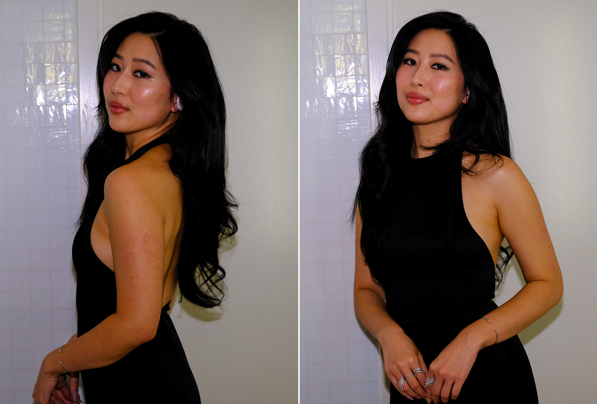 Mabel Li was photographed getting ready for the Los Angeles premiere of Testament. The two side pictures show Li in her final look, a black Givenchy dress.