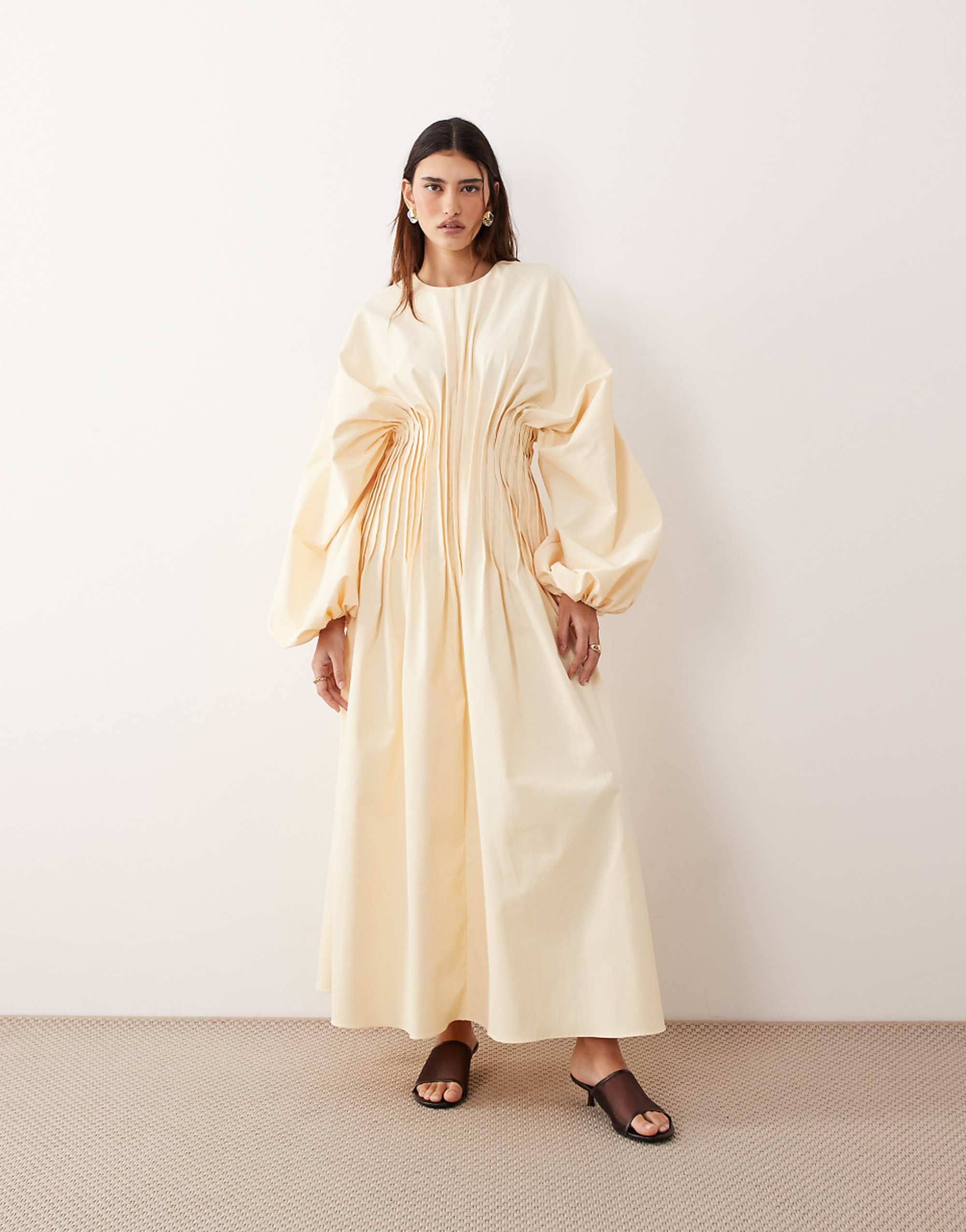 Customize Pleat Waist Long Sleeve Maxi Dress in Buttermilk