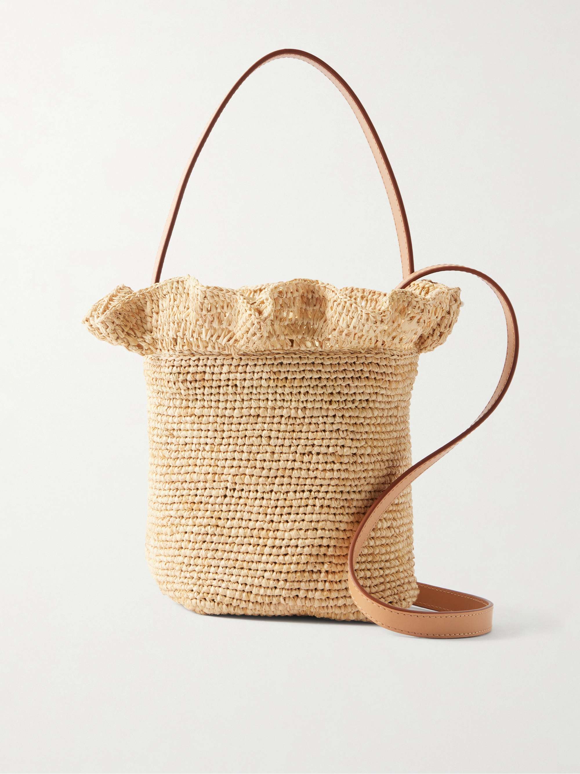 Laith Leather-Trimed Ruffled Raffia Bucket Bag
