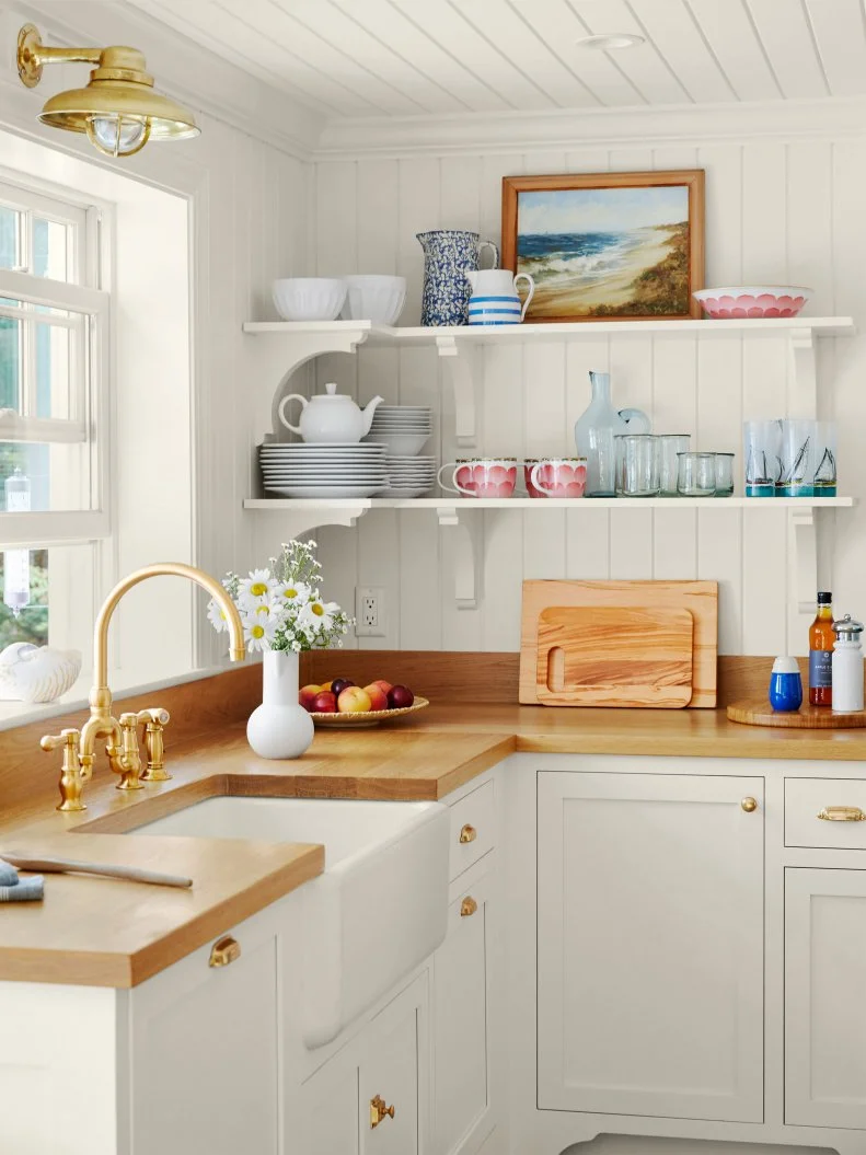 White Country Kitchen Countertop With Shiplap Walls Coastal Kitchen With White Shiplap