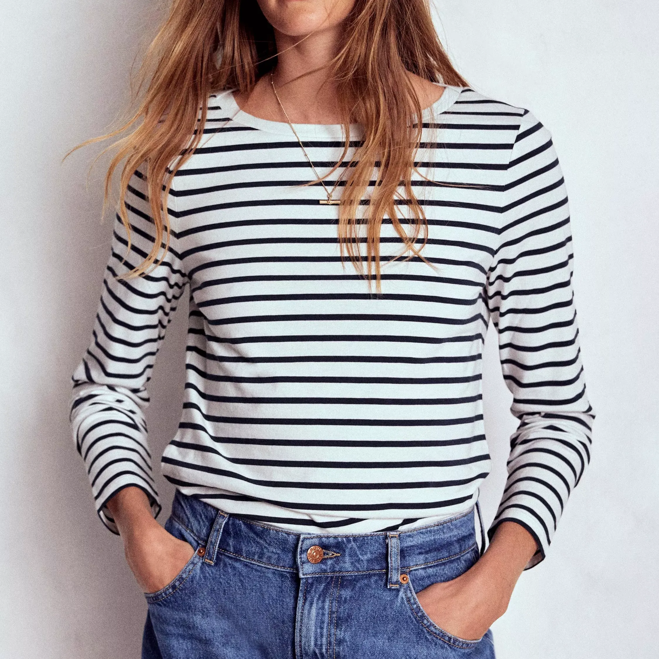 Boden Olivia Breton Stripe Top, Navy / Camel