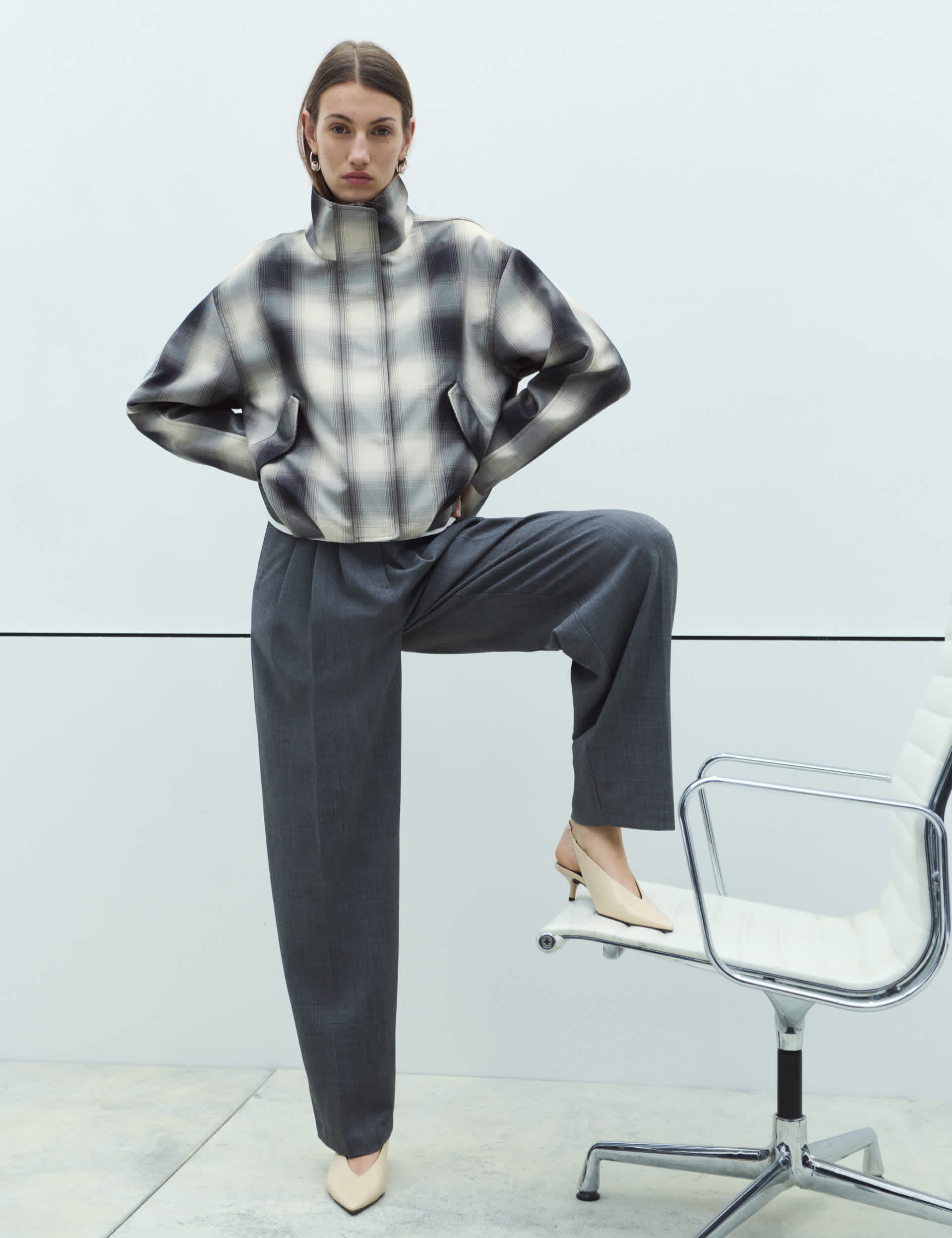 Bubble Hem Funnel Neck Checked Jacket