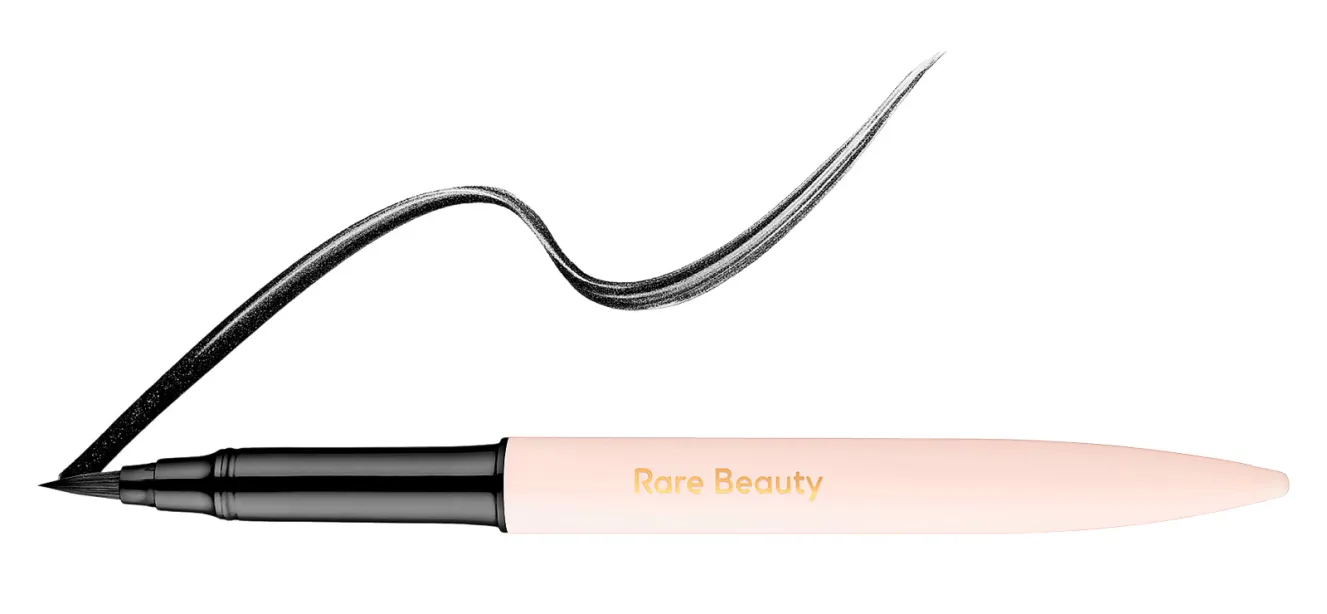 Rare Beauty eyeliner and black swatch painted on a white background.
