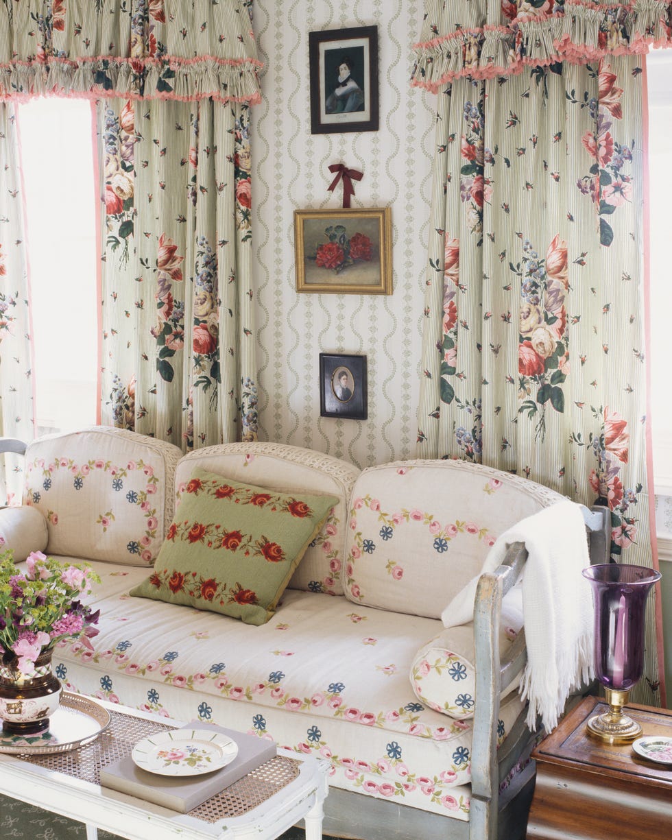 Floral Sofa and Drapery floral arrangements on the sofa and drapery