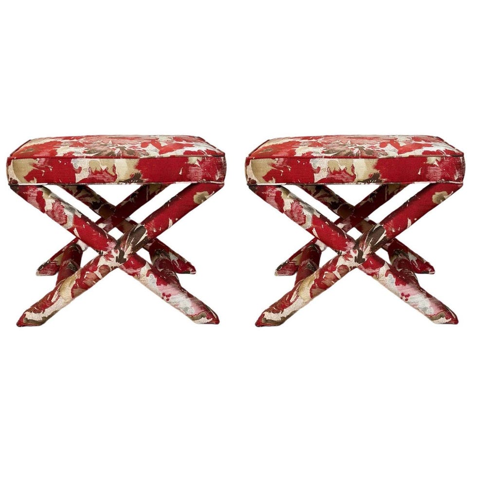 1990s Billy Baldwin X Style Upholstered Red Benches Ottomans– Pair 1990s Billy Baldwin X Style Upholstered Red Benches Ottomans– Pair