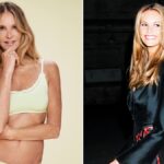 Elle Macpherson's split in a yellow undershirt and the other in a black coat.