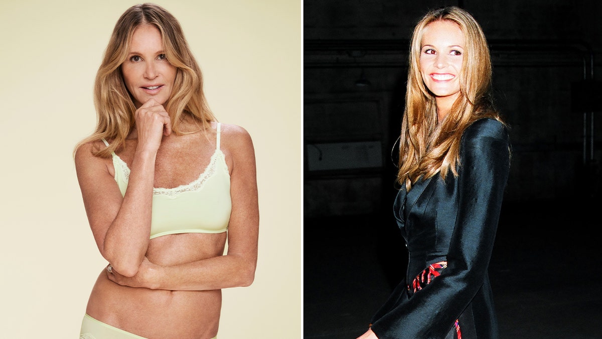 Elle Macpherson's split in a yellow undershirt and the other in a black coat.