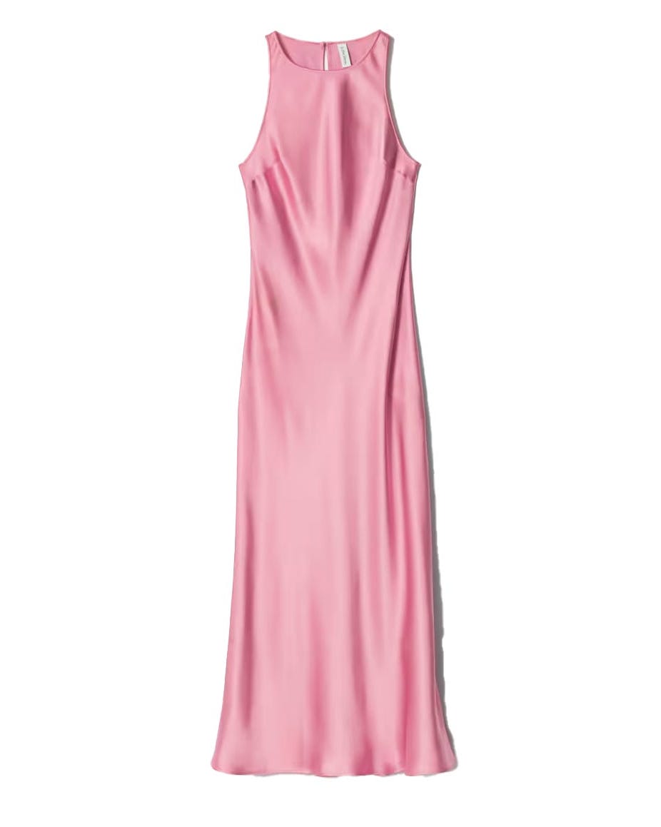 & More stories sleeveless satin midi dress